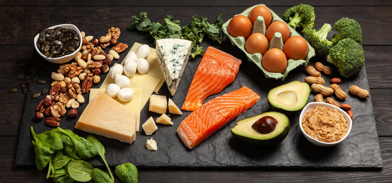 Assorted ketogenic ingredients for a keto diabetic diet, including avocado, nuts, eggs, leafy greens, olive oil, and salmon.