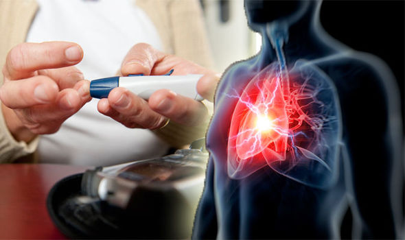 Person checking blood sugar with a 3D visualization of the human body highlighting the heart, illustrating the connection between Type 2 diabetes and cardiovascular disease.