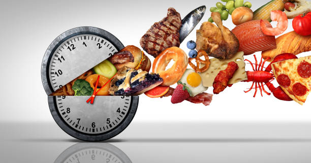 3D illustration of an open clock on a plate, symbolizing intermittent fasting, calorie restriction, and the autophagy diet.