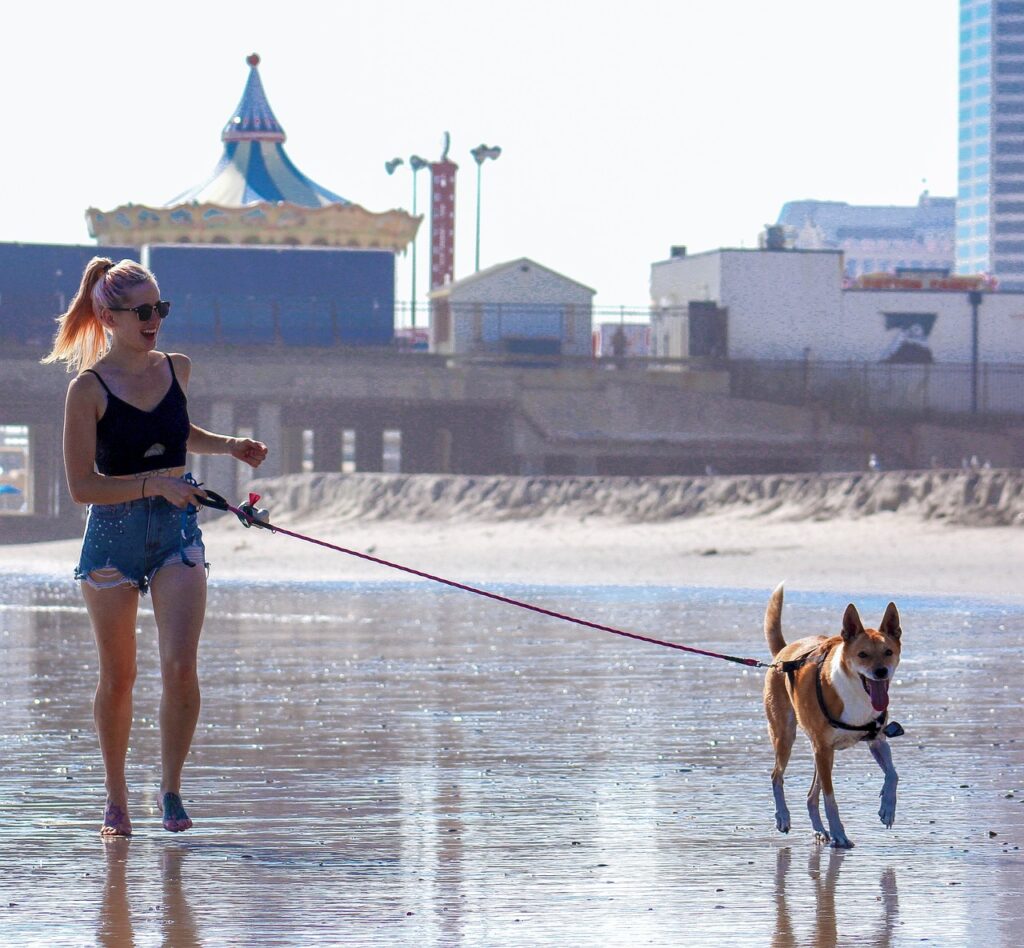 Woman walking her dog, illustrating a healthy activity for those addicted to sugar and how to stop cravings by engaging in exercise.