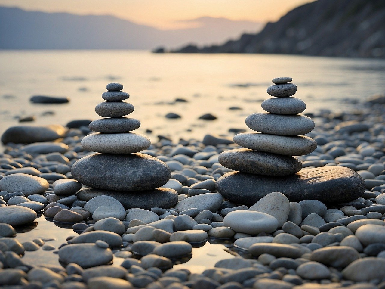 Two sets of smooth water stones stacked in a serene arrangement, representing meditation for anxiety relief and promoting a sense of balance and calm.