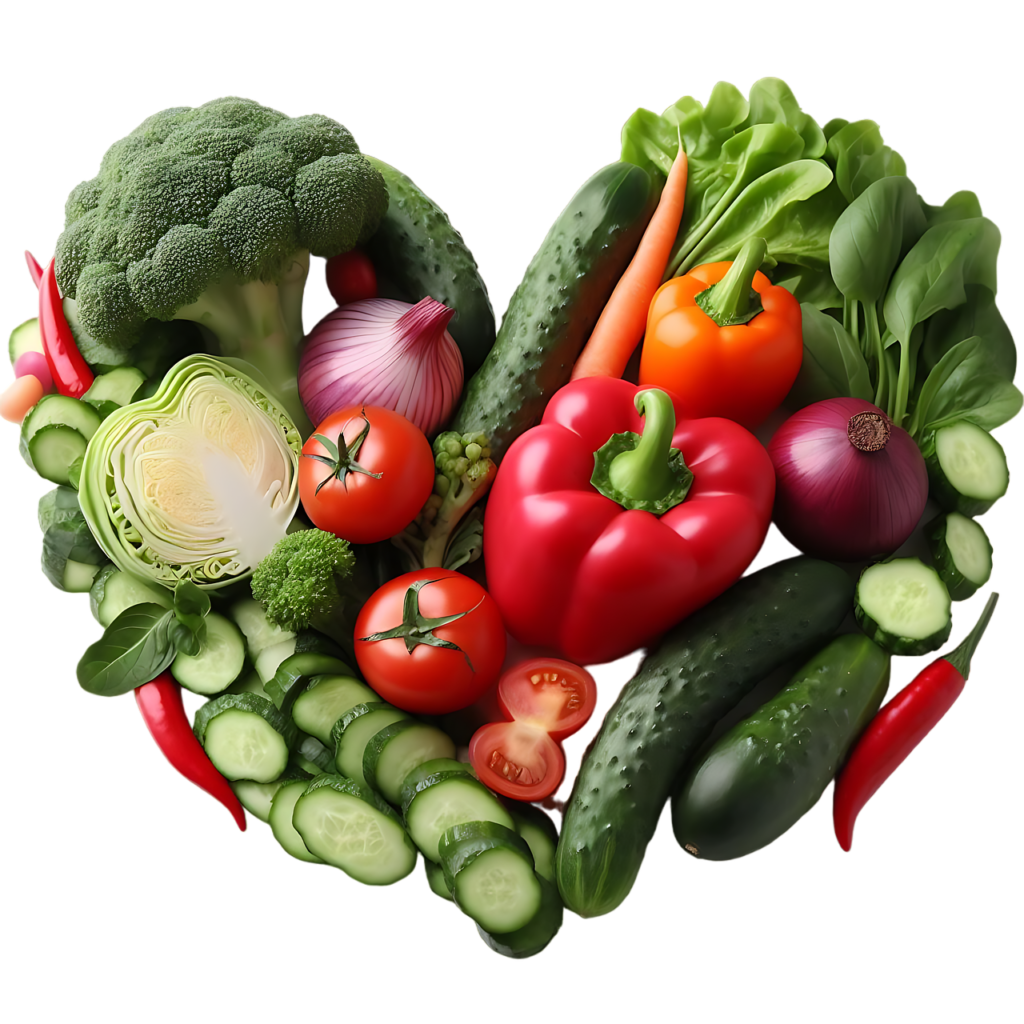 Assorted heart-shaped vegetables, perfect for a nutritious keto diabetic diet, including bell peppers, tomatoes, and leafy greens.