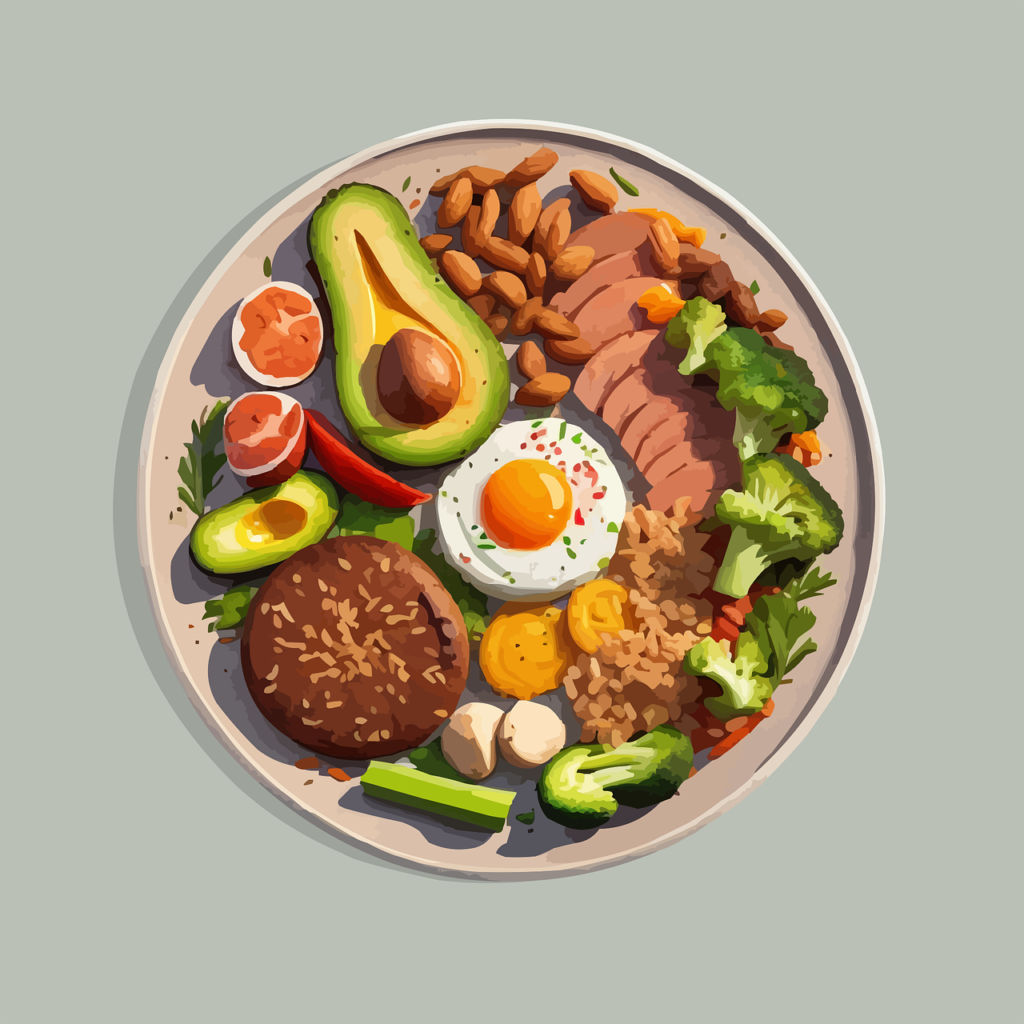 A painting depicting keto ingredients on a plate, ideal for a keto diabetic diet, including avocados, nuts, leafy greens, and eggs.