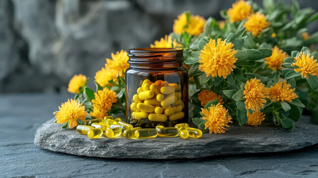 A cup filled with Rhodiola rosea supplement capsules, with a fresh Rhodiola plant in the background. Natural adaptogen for stress relief, energy, and focus.