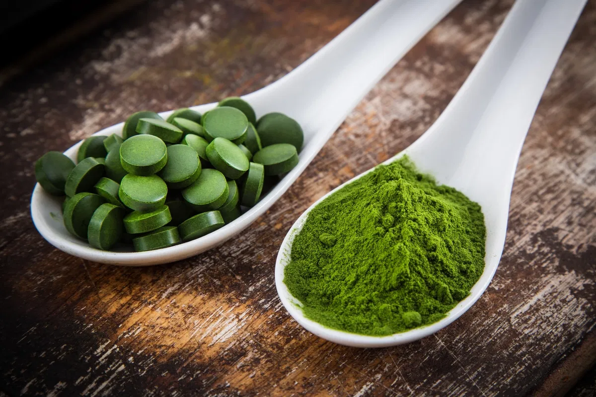 A spoonful of chlorella powder with chlorella supplement tablets displayed beside it, showcasing the nutrient-rich superfood in both powdered and tablet form.
