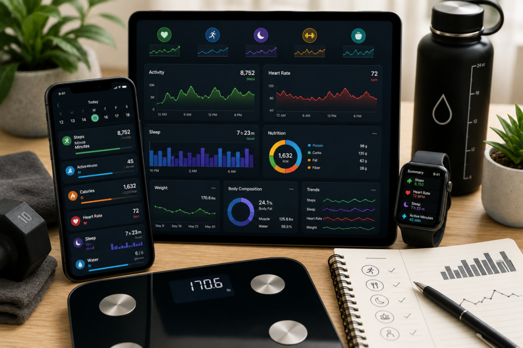 6A7993D4-4727-4303-854F-B1A85C36B105 Tablet displaying health dashboards with graphs, beside a smartphone, smartwatch, scale, water bottle, and notebook on a wooden desk.